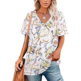 AILLOSA YH-475 Tamamı Baskılı V Yaka Kısa Kollu Kadın T-Shirt