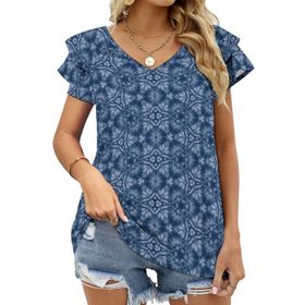 AILLOSA YH-476 Tamamı Baskılı Fırfırlı Kısa Kollu V Yakalı Kadın T-shirt