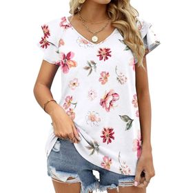 AILLOSA YH-477 Tamamı Baskılı Fırfırlı Kısa Kollu V Yakalı Kadın T-shirt