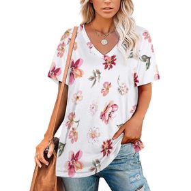 AILLOSA YH-477 Tamamı Baskılı V Yaka Kısa Kollu Kadın T-Shirt