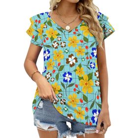 AILLOSA YH-478 Tamamı Baskılı Fırfırlı Kısa Kollu V Yakalı Kadın T-shirt
