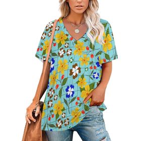 AILLOSA YH-478 Tamamı Baskılı V Yaka Kısa Kollu Kadın T-Shirt