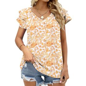 AILLOSA YH-481 Tamamı Baskılı Fırfırlı Kısa Kollu V Yakalı Kadın T-shirt