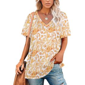 AILLOSA YH-481 Tamamı Baskılı V Yaka Kısa Kollu Kadın T-Shirt