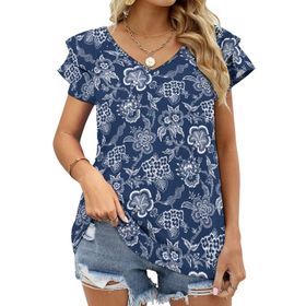 AILLOSA YH-482 Tamamı Baskılı Fırfırlı Kısa Kollu V Yakalı Kadın T-shirt