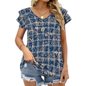 AILLOSA YH-483 Tamamı Baskılı Fırfırlı Kısa Kollu V Yakalı Kadın T-shirt
