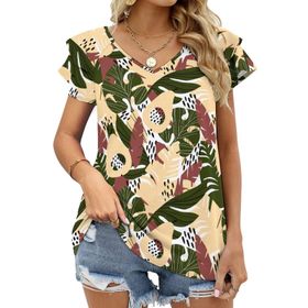 AILLOSA YH-484 Tamamı Baskılı Fırfırlı Kısa Kollu V Yakalı Kadın T-shirt