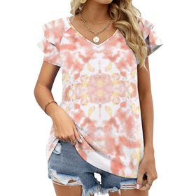 AILLOSA YH-485 Tamamı Baskılı Fırfırlı Kısa Kollu V Yakalı Kadın T-shirt