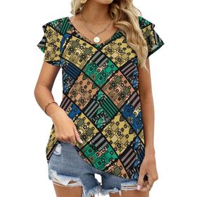 AILLOSA YH-487 Tamamı Baskılı Fırfırlı Kısa Kollu V Yakalı Kadın T-shirt