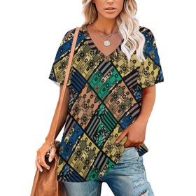 AILLOSA YH-487 Tamamı Baskılı V Yaka Kısa Kollu Kadın T-Shirt