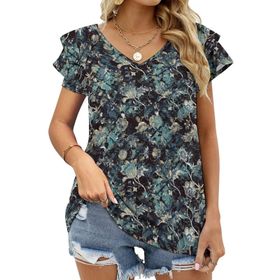 AILLOSA YH-488 Tamamı Baskılı Fırfırlı Kısa Kollu V Yakalı Kadın T-shirt
