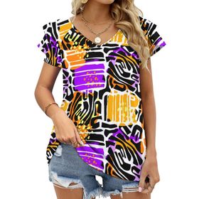 AILLOSA YH-489 Tamamı Baskılı Fırfırlı Kısa Kollu V Yakalı Kadın T-shirt