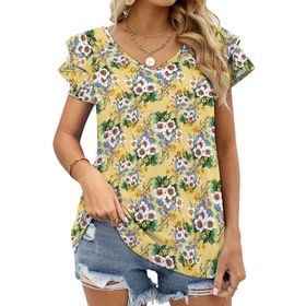 AILLOSA YH-491 Tamamı Baskılı Fırfırlı Kısa Kollu V Yakalı Kadın T-shirt