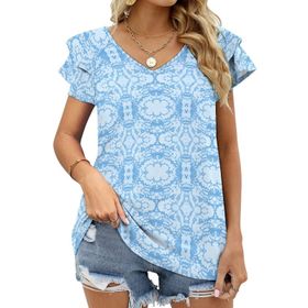 AILLOSA YH-493 Tamamı Baskılı Fırfırlı Kısa Kollu V Yakalı Kadın T-shirt