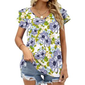AILLOSA YH-494 Tamamı Baskılı Fırfırlı Kısa Kollu V Yakalı Kadın T-shirt