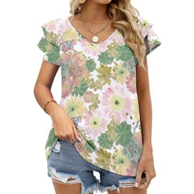 AILLOSA YH-495 Tamamı Baskılı Fırfırlı Kısa Kollu V Yakalı Kadın T-shirt