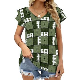 AILLOSA YH-496 Tamamı Baskılı Fırfırlı Kısa Kollu V Yakalı Kadın T-shirt
