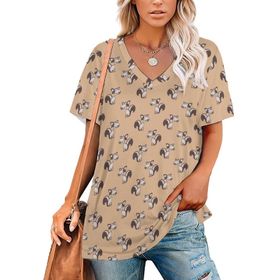 AILLOSA YH-497 Tamamı Baskılı V Yaka Kısa Kollu Kadın T-Shirt