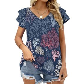 AILLOSA YH-50 Tamamı Baskılı Fırfırlı Kısa Kollu V Yakalı Kadın T-shirt