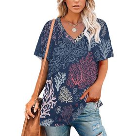AILLOSA YH-50 Tamamı Baskılı V Yaka Kısa Kollu Kadın T-Shirt