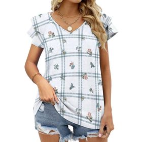 AILLOSA YH-501 Tamamı Baskılı Fırfırlı Kısa Kollu V Yakalı Kadın T-shirt