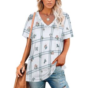 AILLOSA YH-501 Tamamı Baskılı V Yaka Kısa Kollu Kadın T-Shirt