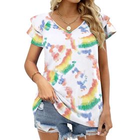 AILLOSA YH-502 Tamamı Baskılı Fırfırlı Kısa Kollu V Yakalı Kadın T-shirt