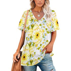 AILLOSA YH-505 Tamamı Baskılı V Yaka Kısa Kollu Kadın T-Shirt