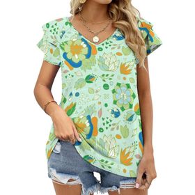 AILLOSA YH-506 Tamamı Baskılı Fırfırlı Kısa Kollu V Yakalı Kadın T-shirt