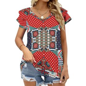 AILLOSA YH-509 Tamamı Baskılı Fırfırlı Kısa Kollu V Yakalı Kadın T-shirt