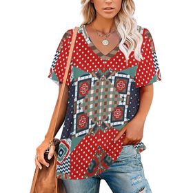AILLOSA YH-509 Tamamı Baskılı V Yaka Kısa Kollu Kadın T-Shirt