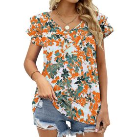 AILLOSA YH-51 Tamamı Baskılı Fırfırlı Kısa Kollu V Yakalı Kadın T-shirt