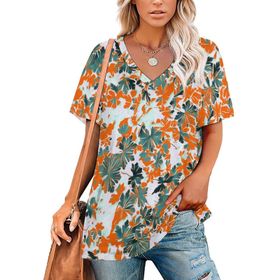 AILLOSA YH-51 Tamamı Baskılı V Yaka Kısa Kollu Kadın T-Shirt