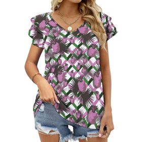 AILLOSA YH-510 Tamamı Baskılı Fırfırlı Kısa Kollu V Yakalı Kadın T-shirt
