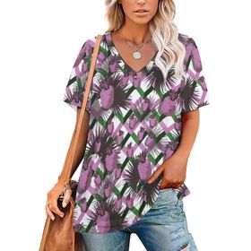 AILLOSA YH-510 Tamamı Baskılı V Yaka Kısa Kollu Kadın T-Shirt