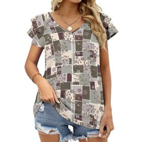 AILLOSA YH-511 Tamamı Baskılı Fırfırlı Kısa Kollu V Yakalı Kadın T-shirt