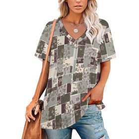 AILLOSA YH-511 Tamamı Baskılı V Yaka Kısa Kollu Kadın T-Shirt