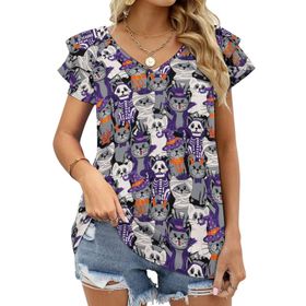 AILLOSA YH-512 Tamamı Baskılı Fırfırlı Kısa Kollu V Yakalı Kadın T-shirt