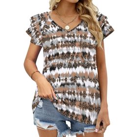 AILLOSA YH-513 Tamamı Baskılı Fırfırlı Kısa Kollu V Yakalı Kadın T-shirt
