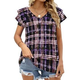 AILLOSA YH-514 Tamamı Baskılı Fırfırlı Kısa Kollu V Yakalı Kadın T-shirt