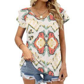 AILLOSA YH-515 Tamamı Baskılı Fırfırlı Kısa Kollu V Yakalı Kadın T-shirt