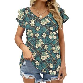 AILLOSA YH-518 Tamamı Baskılı Fırfırlı Kısa Kollu V Yakalı Kadın T-shirt