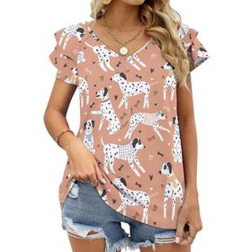 AILLOSA YH-520 Tamamı Baskılı Fırfırlı Kısa Kollu V Yakalı Kadın T-shirt