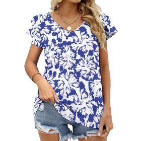 AILLOSA YH-531 Tamamı Baskılı Fırfırlı Kısa Kollu V Yakalı Kadın T-shirt