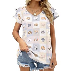 AILLOSA YH-534 Tamamı Baskılı Fırfırlı Kısa Kollu V Yakalı Kadın T-shirt