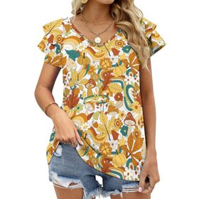 AILLOSA YH-536 Tamamı Baskılı Fırfırlı Kısa Kollu V Yakalı Kadın T-shirt