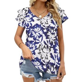 AILLOSA YH-537 Tamamı Baskılı Fırfırlı Kısa Kollu V Yakalı Kadın T-shirt