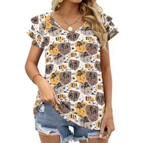 AILLOSA YH-542 Tamamı Baskılı Fırfırlı Kısa Kollu V Yakalı Kadın T-shirt