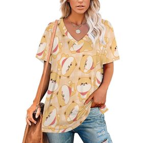 AILLOSA YH-544 Tamamı Baskılı Kısa Kollu V Yaka Kadın T-shirt