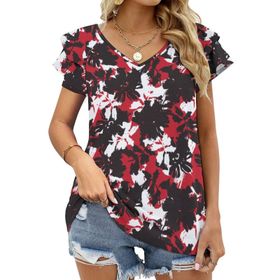 AILLOSA YH-545 Tamamı Baskılı Fırfırlı Kısa Kollu V Yakalı Kadın T-shirt